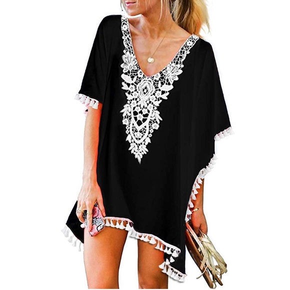 🛑SOLD🛑Swimsuit cover up kimono w/ fringe black - Picture 7 of 7